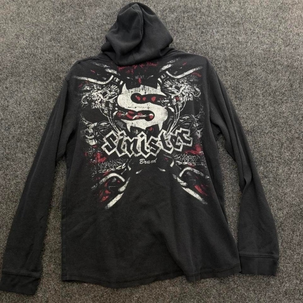 Sinister Thermal Hoodie Men's Large Black Graphic Waffle Long Sleeve Shirt